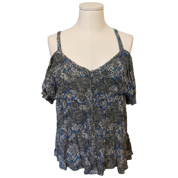 Womens Cold Shoulder Floral Blouse Blue Black Top Cottage Whimsical Vacay Sz XL - Picture 1 of 7